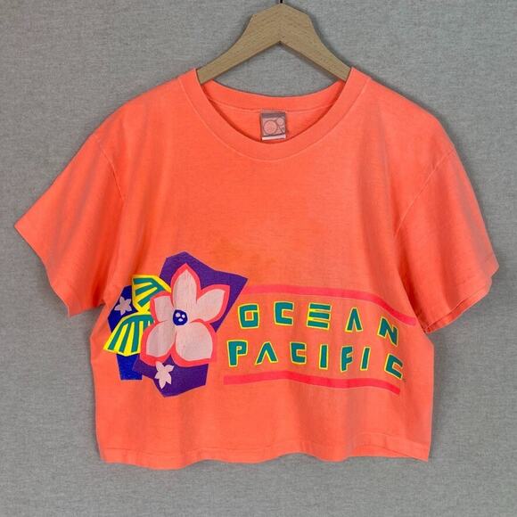 Ocean Pacific Tops - VTG OP Womens Cropped Baby Tee One Size Single Stitch Spellout Logo Hawaiian USA